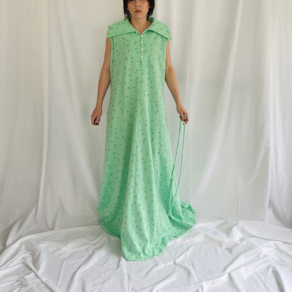 70s Home Made Green Floral Sleeveless Maxi Dress - Picture 4 of 5